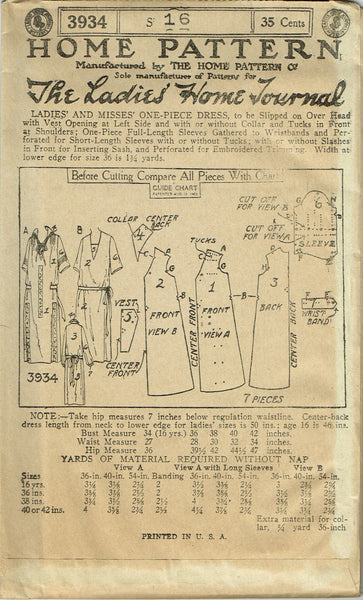 Ladies Home Journal 3934: 1920s Uncut Misses Street Dress 34B VTG Sewing Pattern