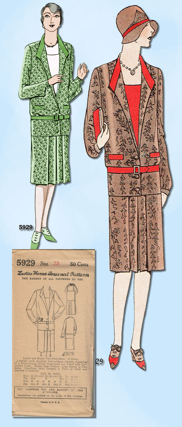 1920s VTG Ladies Home Journal Sewing Pattern 6229 FF Girls Flapper Dress Sz  10