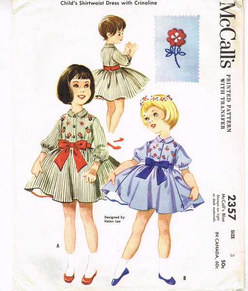 1950s Vintage McCalls Sewing Pattern 2357 Girls Helen Lee Shirtwaist Dress Sz 3