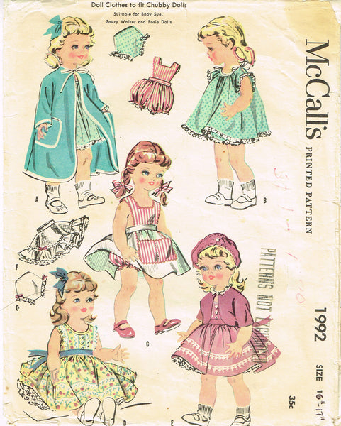 McCalls 1992: 1950s Baby Sue 16-17inch Doll Clothes Set Vintage Sewing Pattern