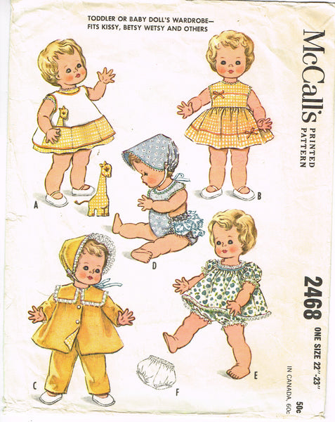 McCalls 2468: 1960s Cute 22-23 Inch Baby Doll Clothes Set Vintage Sewing Pattern