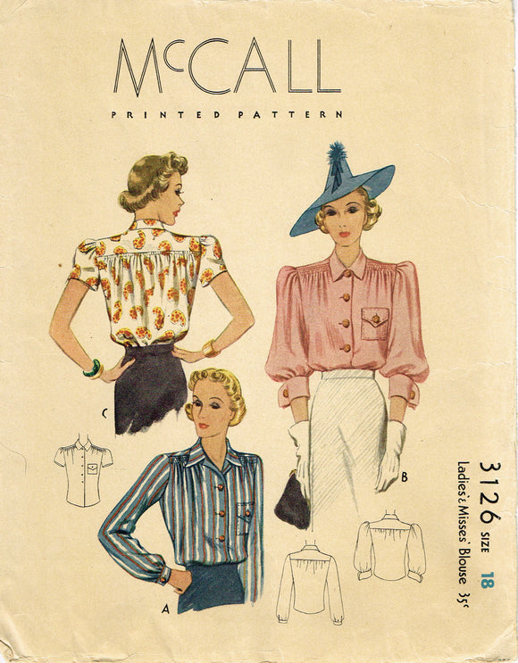 McCall 3126: 1930s Gorgeous Misses Gathered Blouse Sz 36B Vintage Sewing Pattern