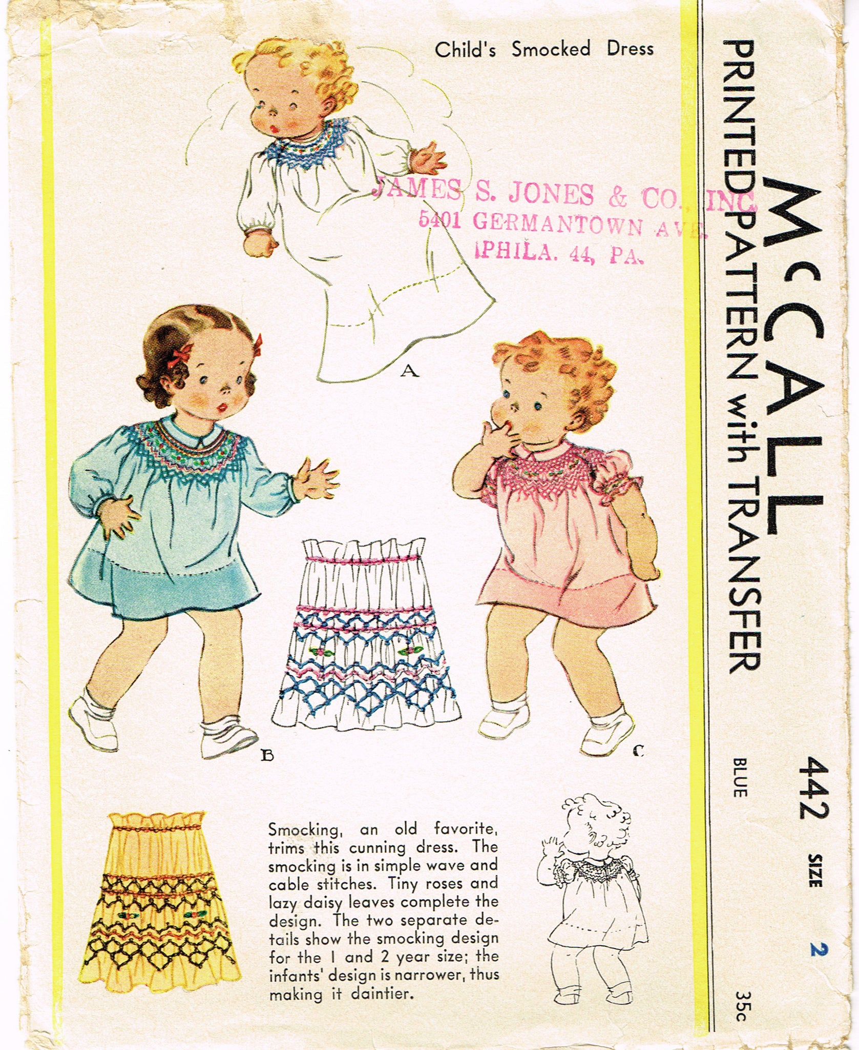 McCall 442: 1930s Baby Girls Smocked Dress Sz 2 Vintage Sewing