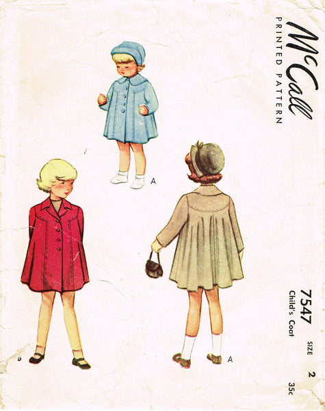 1940s Vintage McCalls Sewing Pattern 7547 Cute Toddler Girls Swingback Coat Sz2