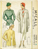 McCall 7758: 1930s Uncut Misses Long Lean Coat Sz 38 Bust Vintage Sewing Pattern - Vintage4me2