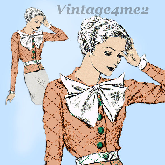 New York 106: 1930s Misses Blouse w Big Bow Tie Sz 34 B Vintage Sewing Pattern