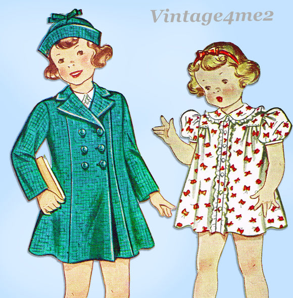 Simplicity 2308: 1940s Toddler Girls Dress & Coat Size 6 Vintage Sewing Pattern