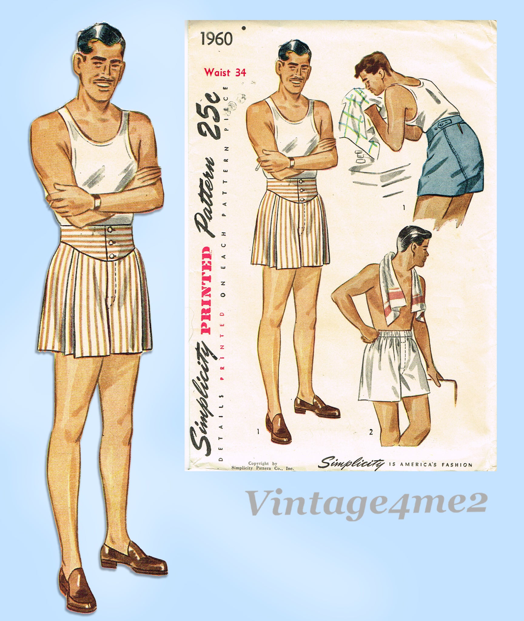 Menswear Vintage 88cm/34, 94cm/37 or 100cm/39 Waist Size 1930s Mens  Underwear Underpants /boxer Shorts Sewing Pattern 