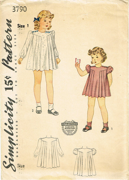 Simplicity 3790: 1930s Cute Baby Girls Pleated Dress Sz 1 Vintage Sewing Pattern