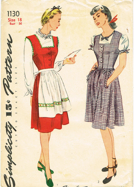 Simplicity 1130: 1940s Cute WWII Jumper Dress Sz 36 Bust Vintage Sewing Pattern