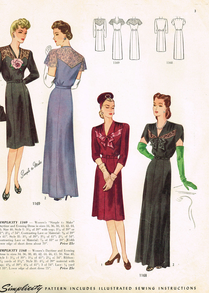 1940s VTG Simplicity Sewing Pattern 1168 Misses WWII Evening Gown 36 B ...
