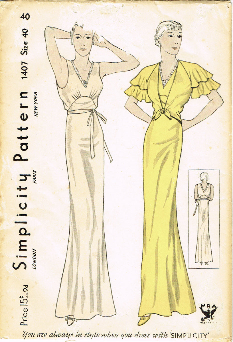 Simplicity 1407: 1930s Uncut Nightgown Size 40B Vintage Sewing Pattern ...