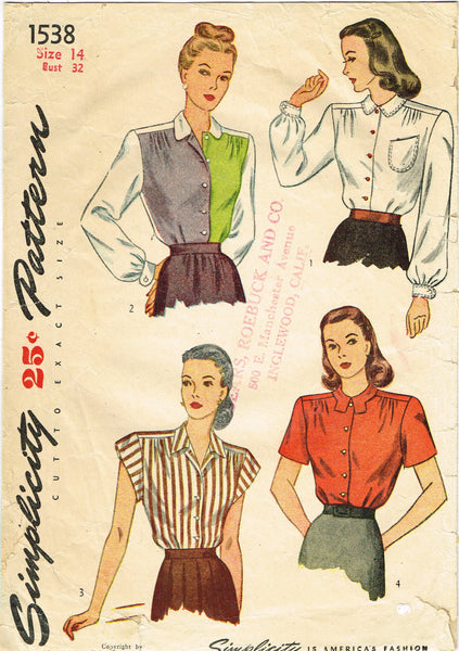 Simplicity 1538: 1940s Cute WWII Misses Blouse Vintage Sewing Pattern