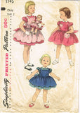 1950s Vintage Simplicity Sewing Pattern 1745 Baby Girls Dress Matching Doll Sz 2