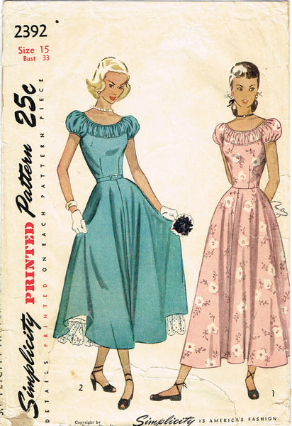 Simplicity 2392: 1940s Charming Misses Party Dress Sz 33B Vintage Sewing Pattern