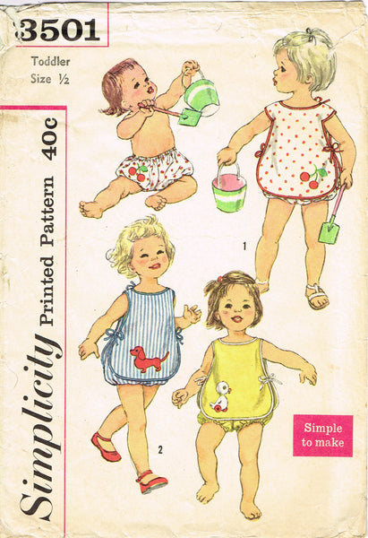 Simplicity 3501: 1960s Baby Play Apron & Bloomers Sz 6mos Vintage Sewing Pattern