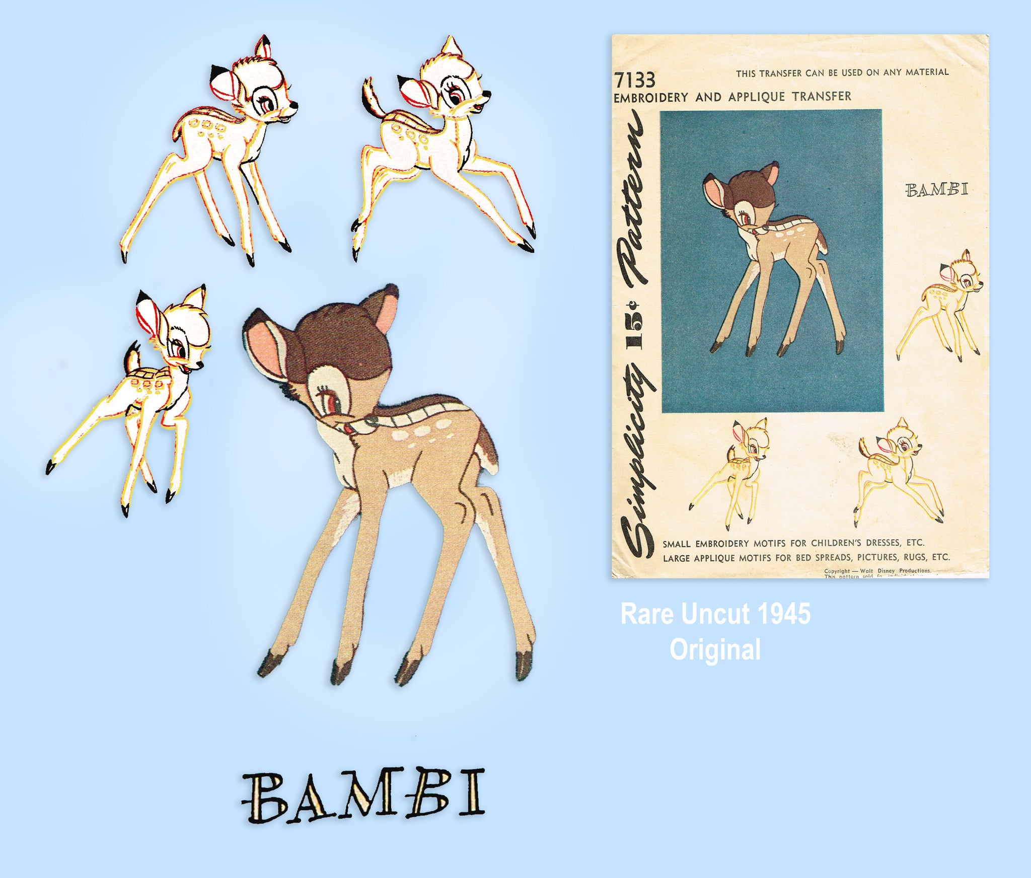 1940s Vintage Simplicity Transfer Pattern 7133 Disney Uncut Bambi Kid –  Vintage4me2