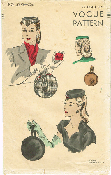 Vogue 5272: 1940s Rare Misses Pillbox Hat and Purse Vintage Sewing Pattern