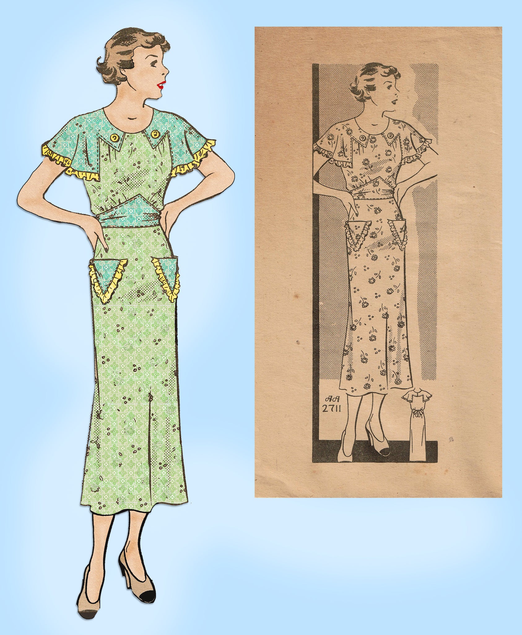 1930s FLATTERING Dress Pattern ANNE ADAMS 4174 Slimming Style Front Button  Dress 2 Pretty Sleeve Styles Bust 34 Vintage Sewing Pattern FACTORY FOLDED