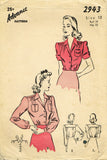 1940s Vintage Advance Sewing Pattern 2943 Charming Misses WWII Blouse Sz 30 Bust