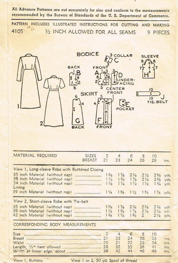 1940s Vintage Advance Sewing Pattern 4105 Toddler Girls Robe or Housec ...