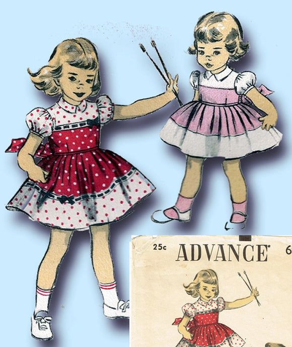 1950s Original Vintage Advance Pattern 6009 Todder Girls Pieced Dress Size 2