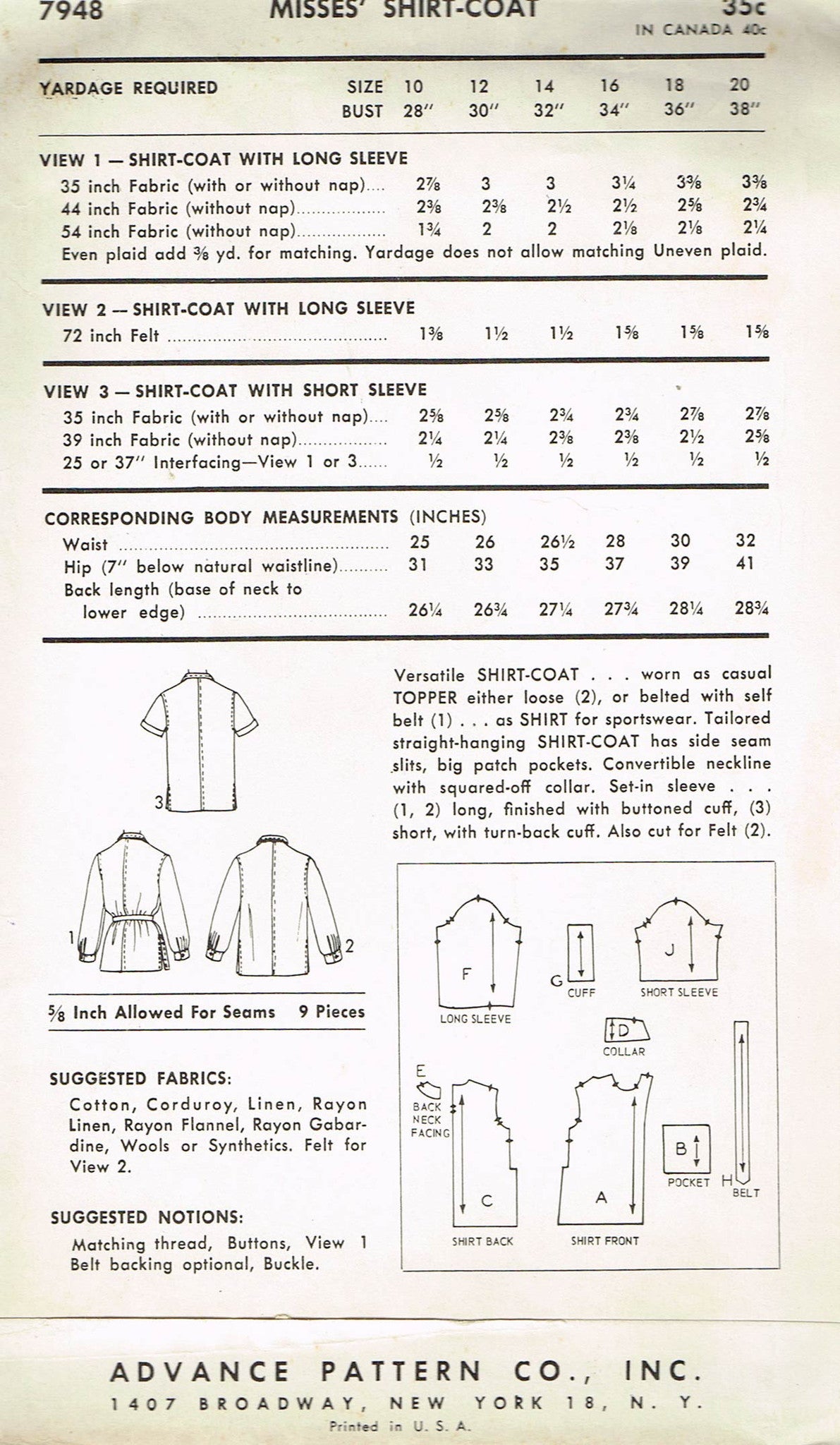 1950s Vintage Advance Sewing Pattern 7948 Uncut Misses Shirt Jacket Si ...