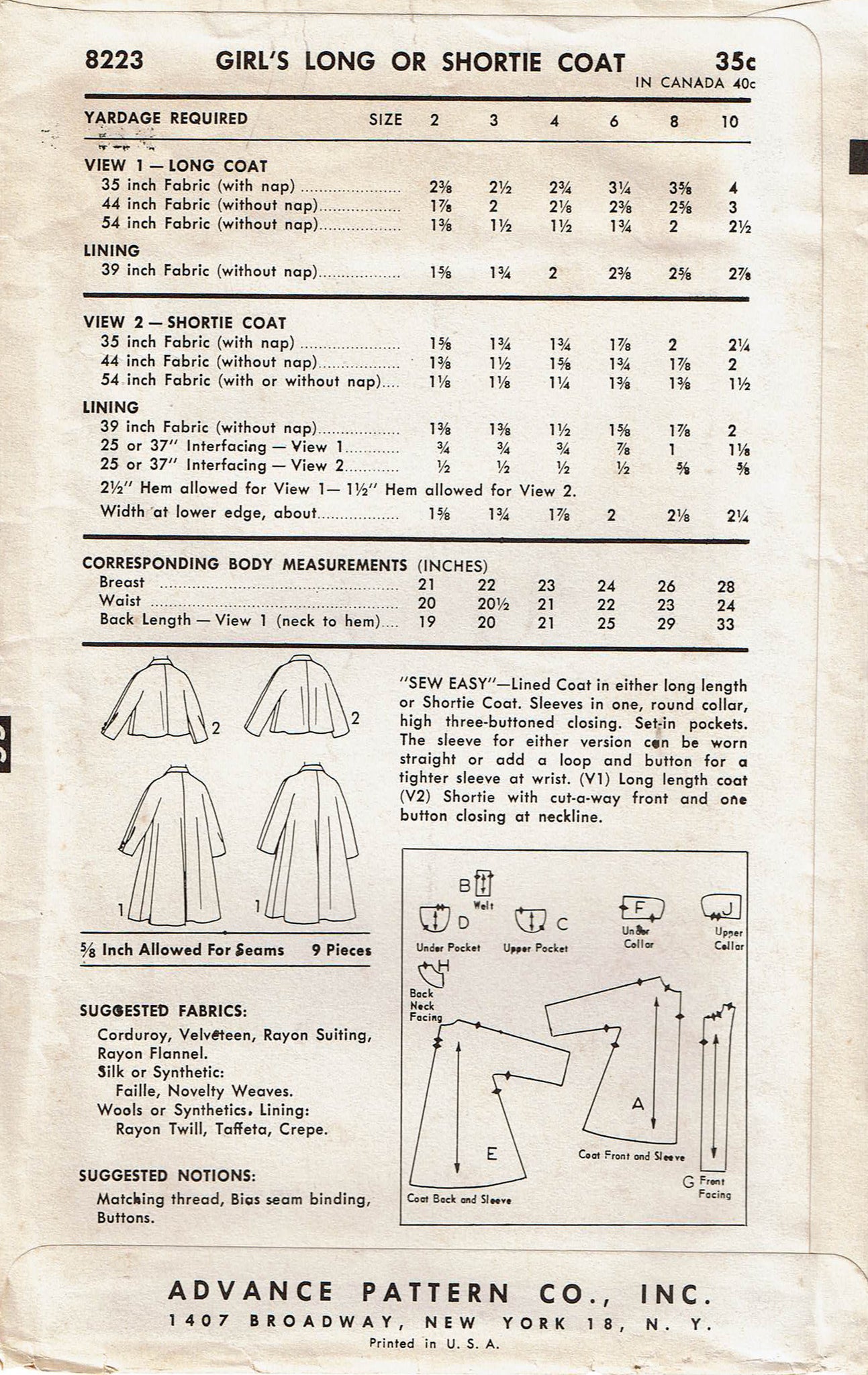 1950s Vintage Advance Sewing Pattern 8223 Uncut Little Girls Coat Sz 8 ...