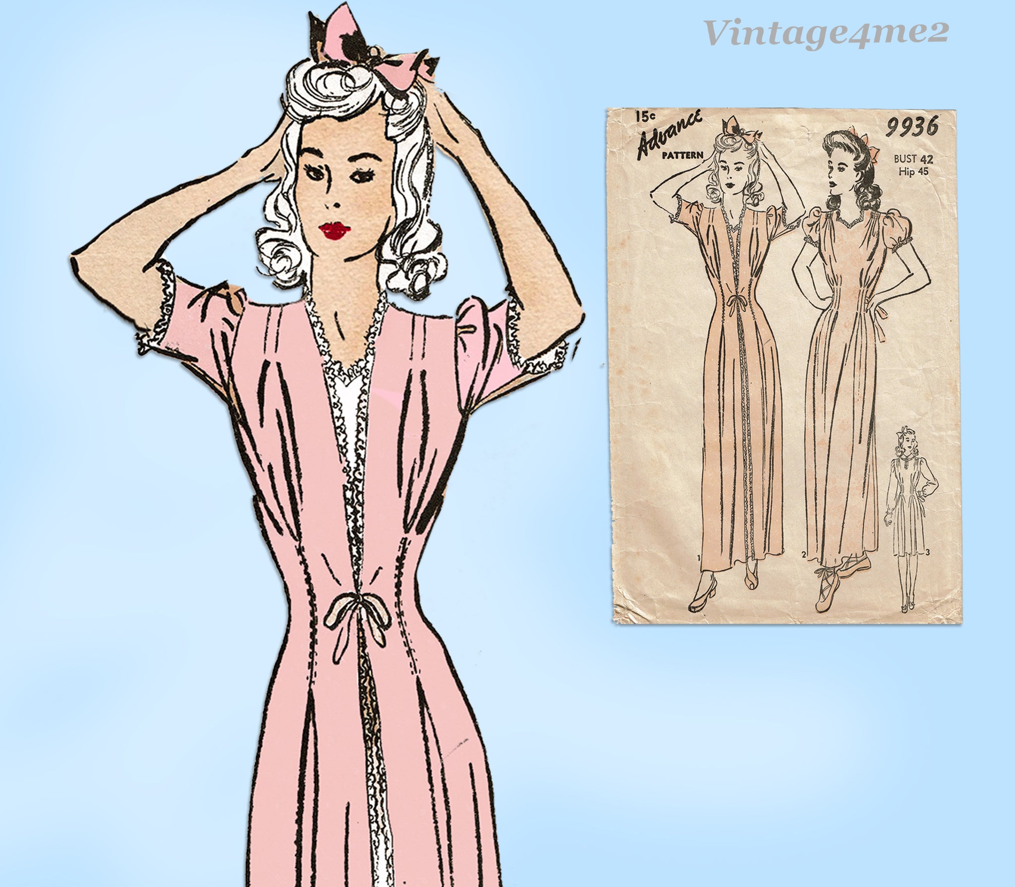 Advance 9936: 1940s Plus Size Women's Nightgown Size 42 B Vintage