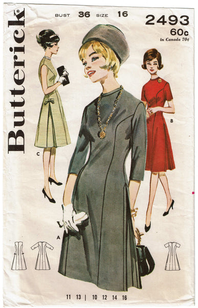 1960s Vintage Butterick Sewing Pattern 2493 Cute Misses A Line Dress Sz 36 B