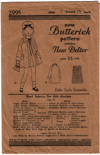 Butterick 2995: 1920s Cute Little Girls Dress & Coat Sz 7 Vintage Sewing Pattern