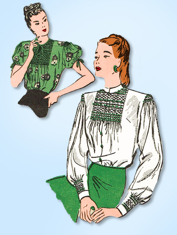 1940s Original Vintage Butterick Pattern 3564 WWII Misses Smocked Blouse Sz 32 B