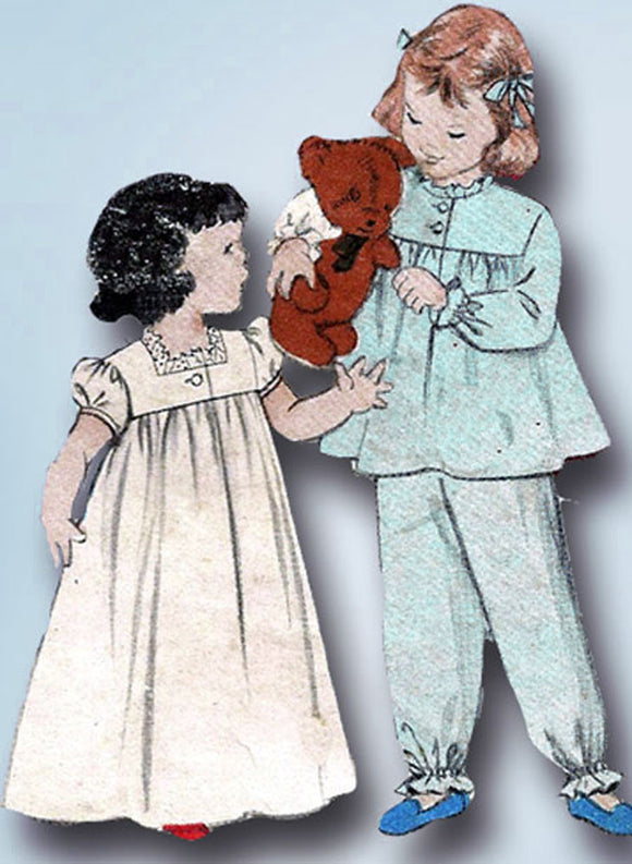 1950s Vintage Butterick Sewing Pattern 6199 Toddler Girls Nightgown or Pjs Sz 2