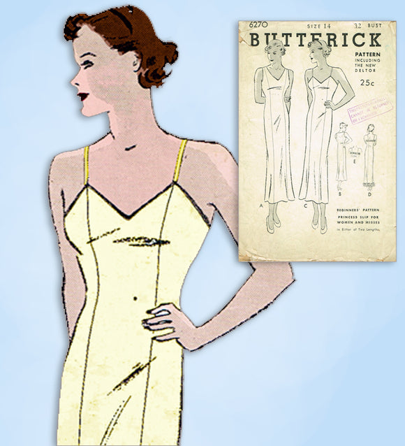 1930s Vintage Butterick Sewing Pattern 6270 Misses Princess Slip Size 32 Bust