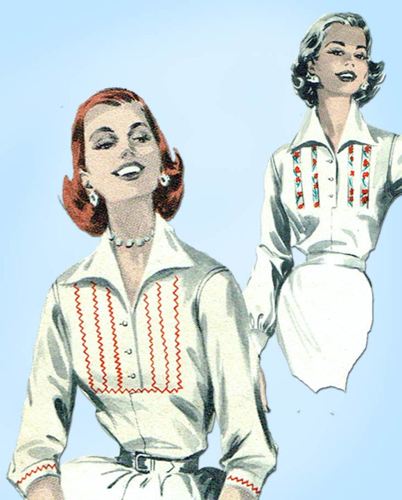 1950s Vintage Butterick Sewing Pattern 7989 Misses Blouse Decorative Stitching