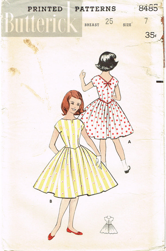 1950s Vintage Butterick Sewing Pattern 8485 Little Girls Basque Dress Size 7 25B