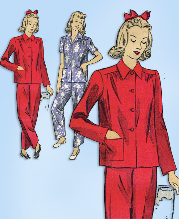 1940s Original Vintage Du Barry Pattern 5538 Easy WWII Plus Size Pajamas 40 Bust