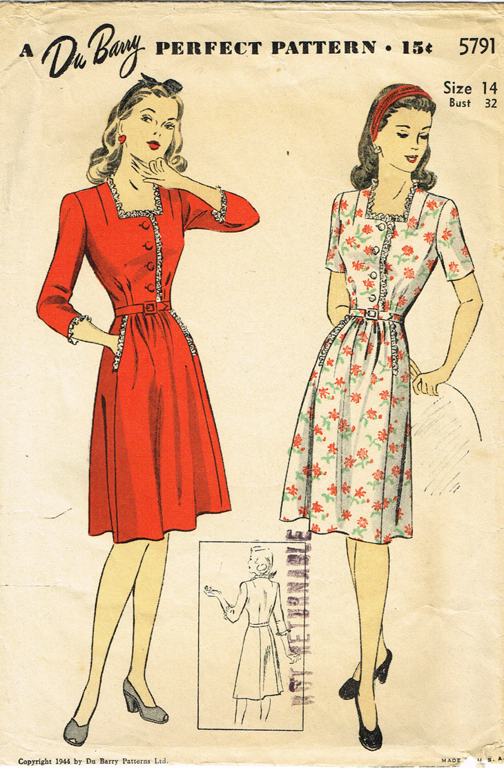 1940s Original Vintage Du Barry Pattern 5791 Misses WWII Day Dress 32B ...