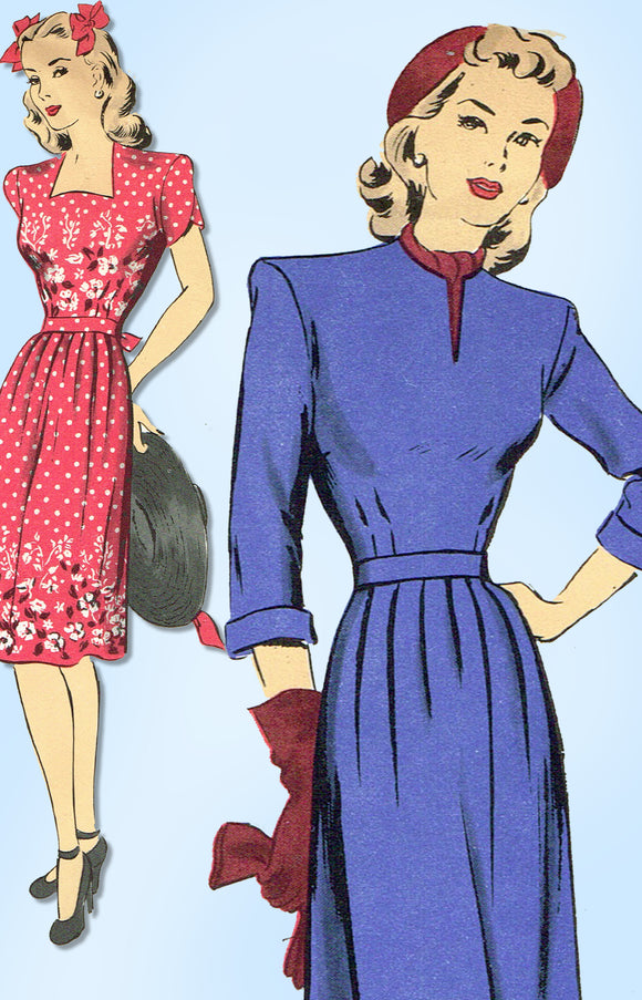 1940s Vintage Hollywood Sewing Pattern 1497 Uncut Misses Street Dress Size 30 B