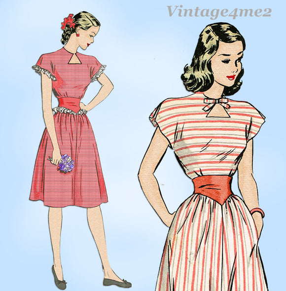 Hollywood 1769: 1940s Misses WWII Keyhole Dress Sz 30 B Vintage Sewing Pattern