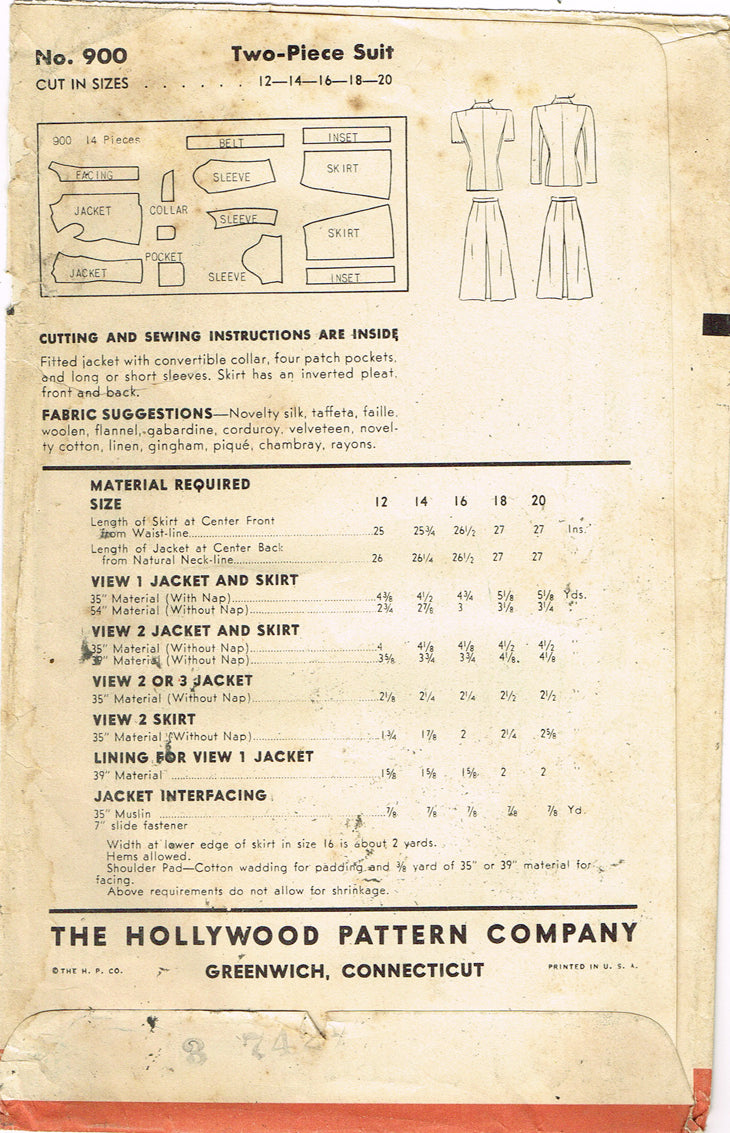 1940s Original Vintage Hollywood Pattern 900 Uncut Misses Suit 34 Bust ...