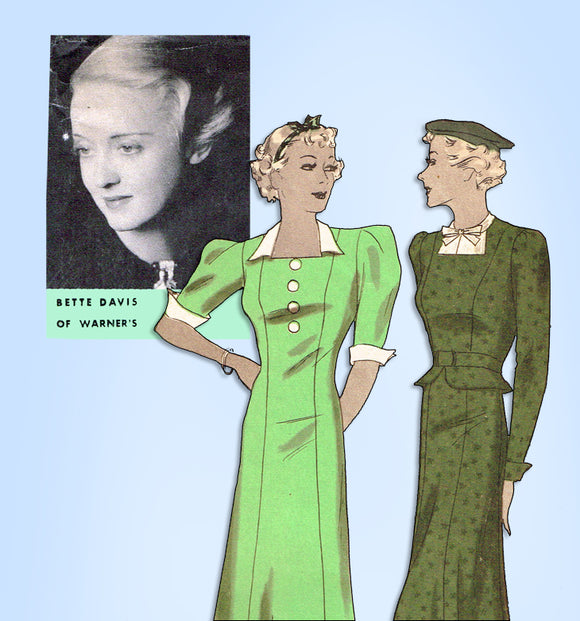 1930s Original Vintage Hollywood Starlet Pattern 1196 Bette Davis Princess Dress