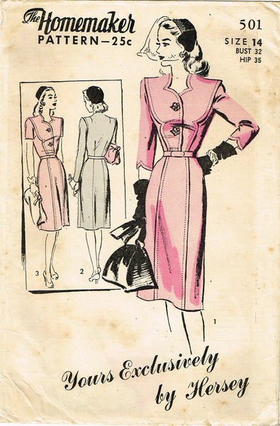 Homemaker 501: 1940s Stunning Misses Street Dress Sz 32 B Vintage Sewing Pattern