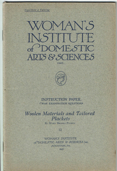 1920s Mary Brooks Picken Woman's Institute Sewing Book 12 Woolens Tailored Plackets