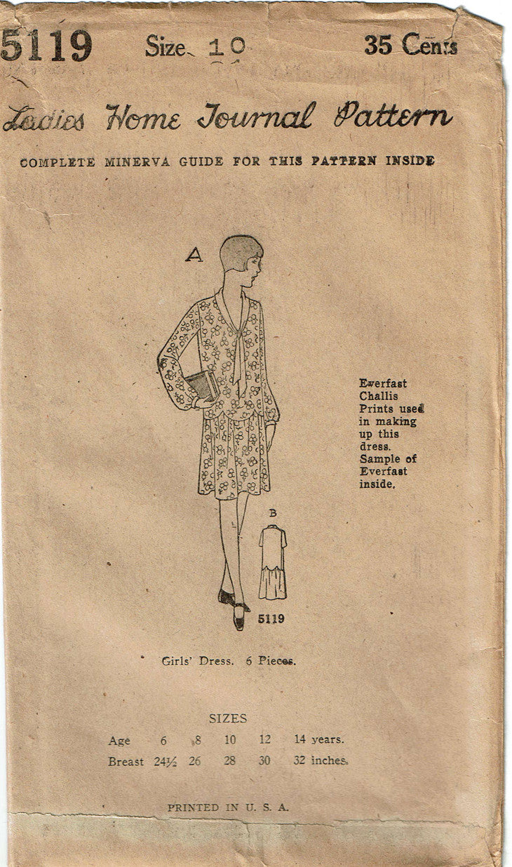 1920s Vtg Ladies Home Journal Sewing Pattern 5119 Uncut Girls Dress 