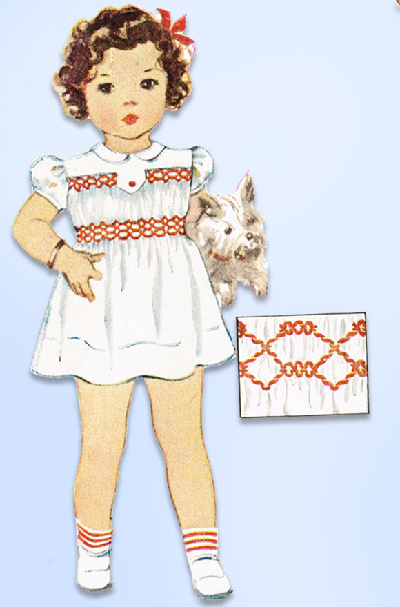 1940s Vintage McCall Sewing Pattern 1125 WWII Toddler Girls Smocked Dress Size 4