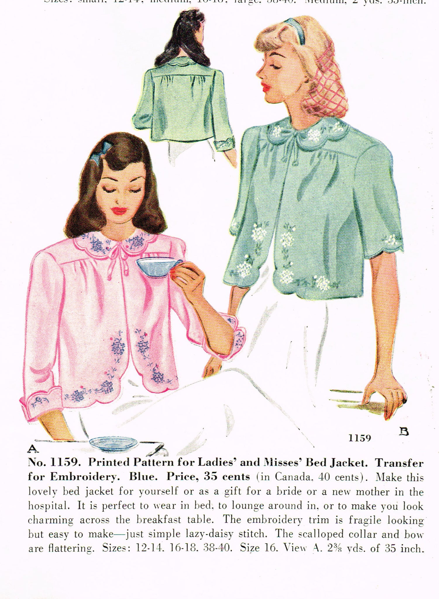 Mccall 1159 1940s Wwii Misses Bedjacket Sz Med Vintage Sewing Pattern Vintage4me2 4153