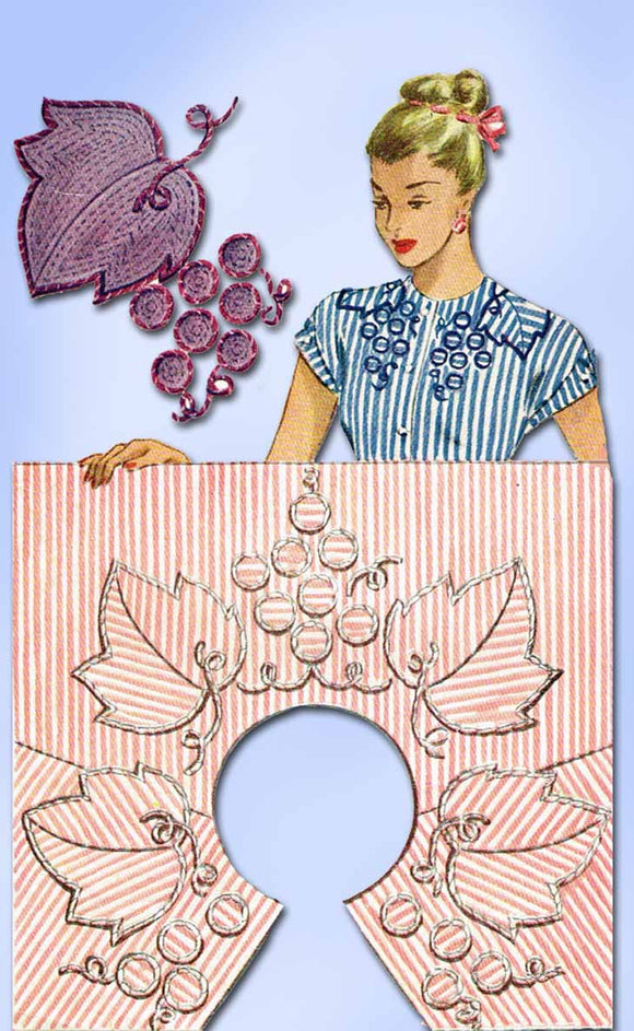 1940s Vintage McCall Embroidery Transfer 1242 Uncut Wine Grape Neckline Trims