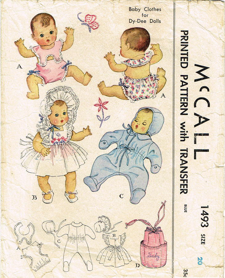 1940s Original Vintage McCall Pattern 1493 Rare 20in Dy Dee Baby Doll Clothes