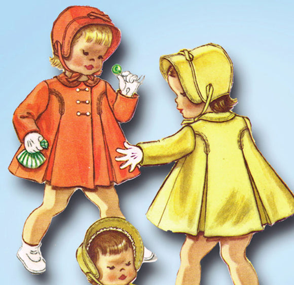 1950s ORIG Vintage McCalls Sewing Pattern 2365 Toddler Girls Coat & Bonnet Sz 4 -Vintage4me2